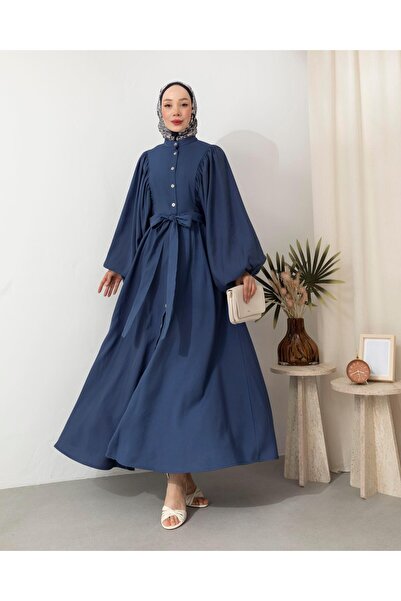 Moda Asrın Balon Kol Boydan Düğmeli Lacivert Elbise