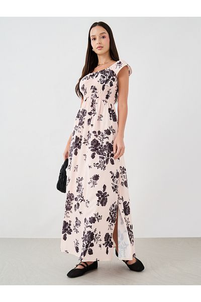 Styli Floral Print Smocked Details Maxi Dress