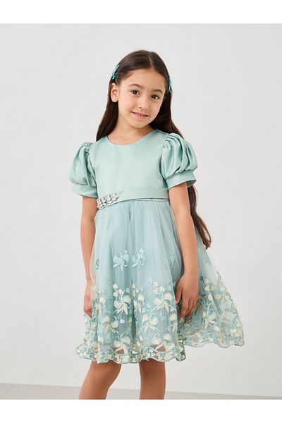 Styli Lace Hem Puff Sleeve Embellished Belt Dress