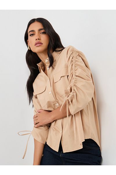Styli Plain Drawstring Sleeves Oversized Shirt with Pocket Detail