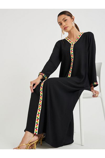 Styli Mirror Work Lace Trim V Neck Jalabiya