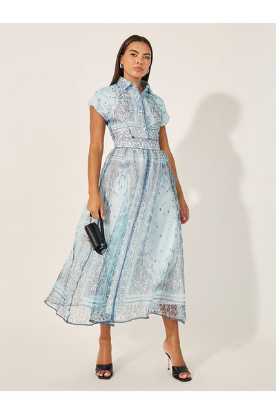 Styli Blue Paisley Print with Collared Neck Dress