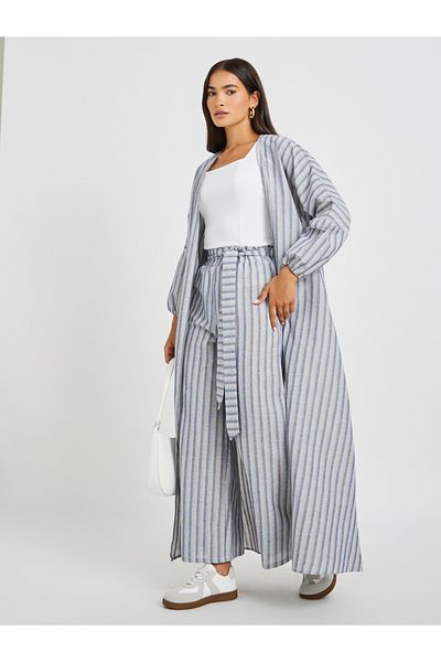 Styli Striped Paperbag Waist Pants with Belt