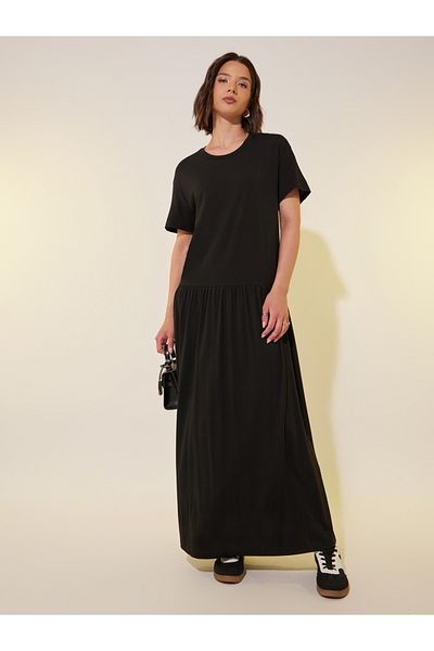 Styli Solid Short Sleeve Gathered Waist Maxi Dress