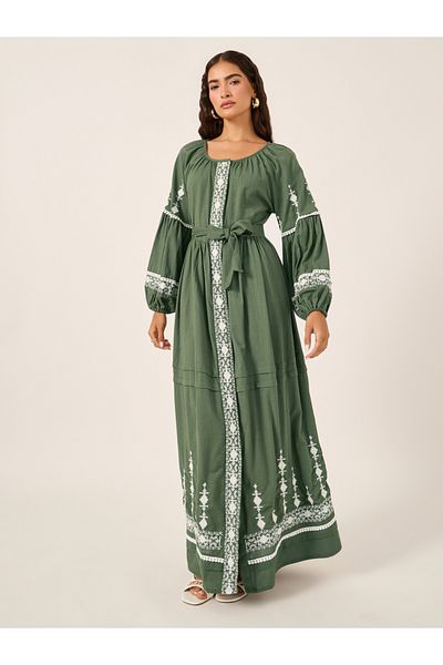 Styli Cotton Embroidered Long Sleeves A-Line Maxi Dress