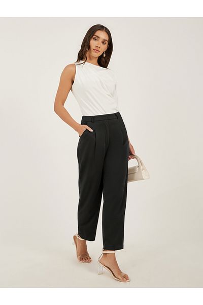 Styli Solid Pleated Tapered Fit Trousers with Belt Loops