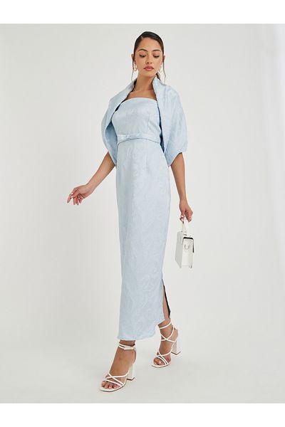 Styli Jacquard Bardot Neck Sheath Maxi Dress with Cape Overlay