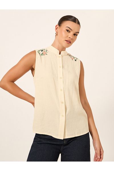 Styli Embroidered Mandarin Collar Sleeveless Blouse