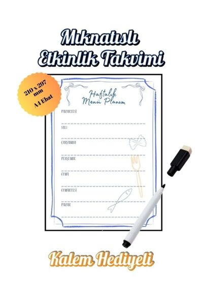 Tasarımistan Haftalık Menü Planı Magnet 210x297 mm Mıknatıslı Kalem Hediyeli