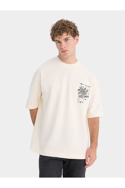 DeFacto Men Beige Printed Crew Neck Short Sleeve TShirt
