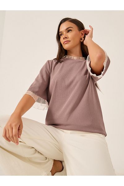 Styli Ribbed Lace Detail Elbow Sleeve Relaxed Fit T-Shirt