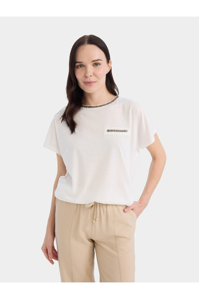 DeFacto Women Beige Knitted Crew Neck Short Sleeve TShirt