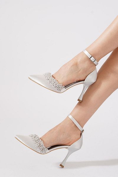 Moda Pie Vanles Pearl Ankle Scarf Women's Evening Dress Shoes Silver Satin