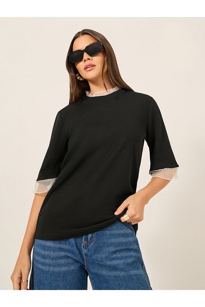 Styli Ribbed Lace Detail Elbow Sleeve Relaxed Fit T-Shirt