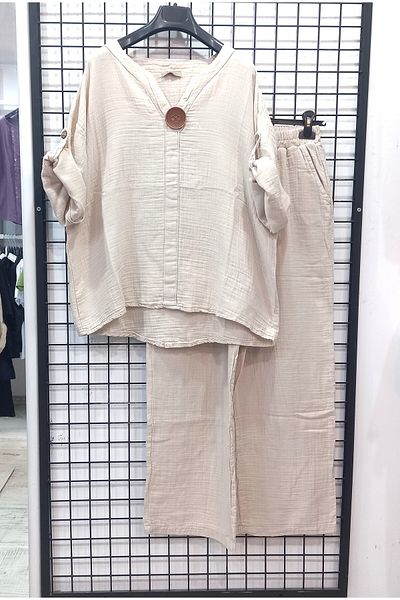 Butik Şans Wooden Button Detailed Cotton Blouse Trousers Set