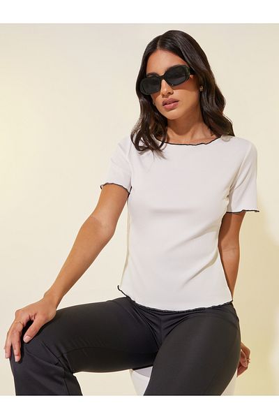 Styli Ruffled Trim Textured Round Neck T-Shirt