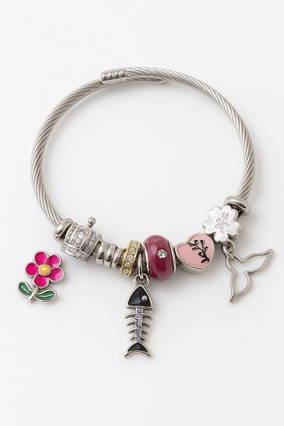 MakeWell Steel Gold Silver Color Steel Charm Bracelet with Dolphin Seashell Fish Design