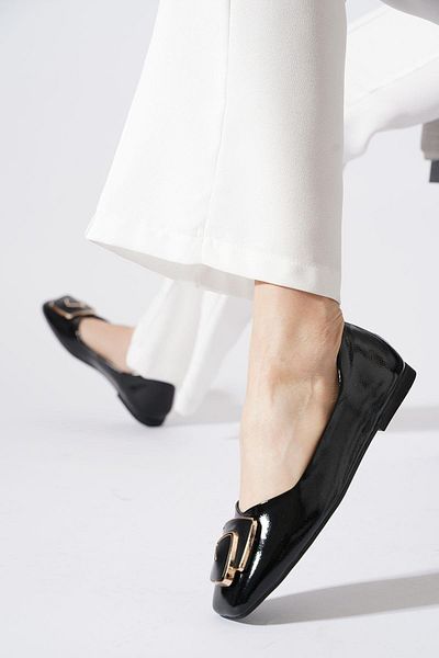 Moda Pie Sopri Wrap Buckle Blunt Toe Women's Ballerinas Black Wrinkled