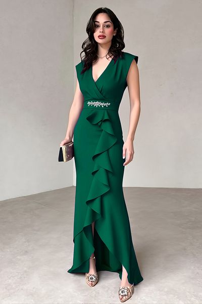 ALFUDO Moda Collection Women's Scuba Crepe Fabric Double Breasted Collar Skirt Flounced Belt T-Shirt Green Evening Dress Graduation Wedding Dress
