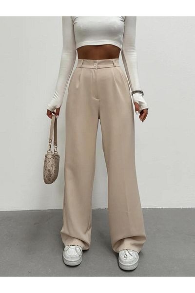 LU-MİLA Women's Elastic Waist Polyviscon Palazzo Trousers