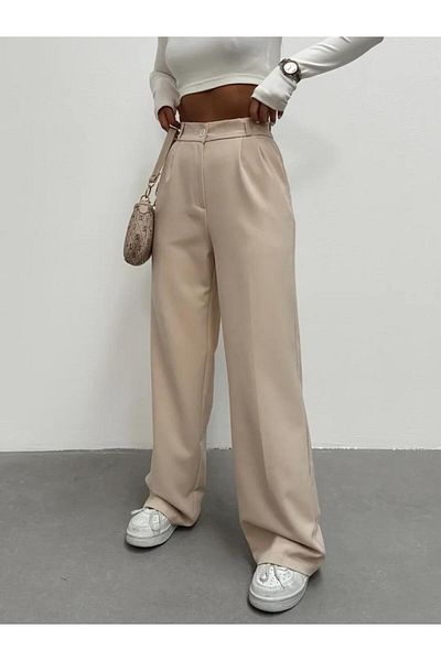 LU-MİLA Women's Elastic Waist Polyviscon Palazzo Trousers