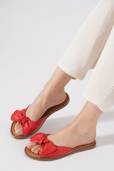 Himushe Vamos Women's Genuine Leather Slippers with Bow Accessories Red Skin