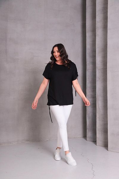 Ebsumu Women's Large Size Rope Tie Black T-Shirt