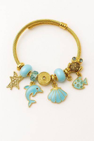 MakeWell Steel Gold Silver Color Steel Charm Bracelet with Dolphin Seashell Fish Design