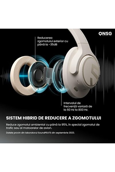 SoundPEATS Căști wireless Space Over-ear, sunet premium, Anc 35db, 123 de ore, bej