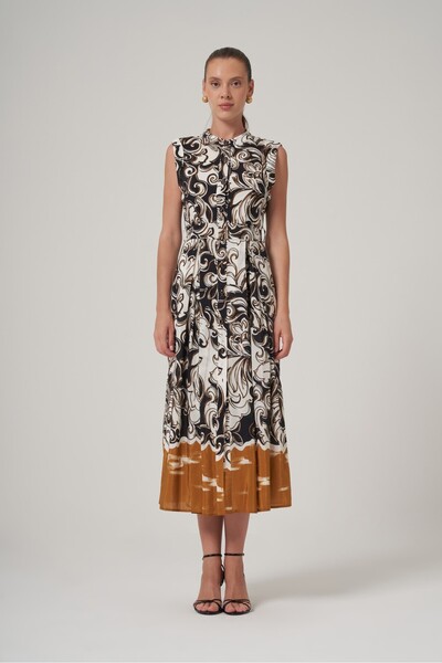 UTOPIAN Sıfır Yaka Kuşak Detaylı Midi Elbise