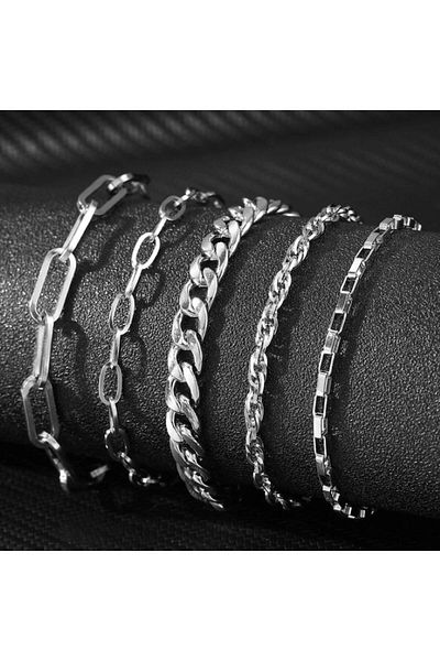 HISCOSMETIC Unisex Silver - Silver 5-Piece Bracelet Set