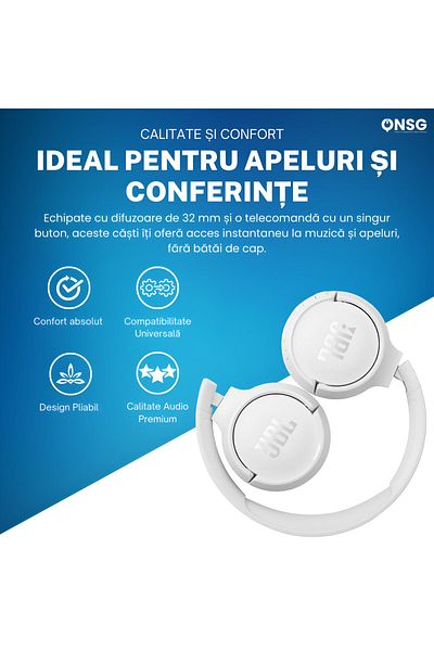 JBL Wireless Headphones Tune 510 Bt Over-ear, Noise Cancellation, Pure Bass, Bluetooth, White