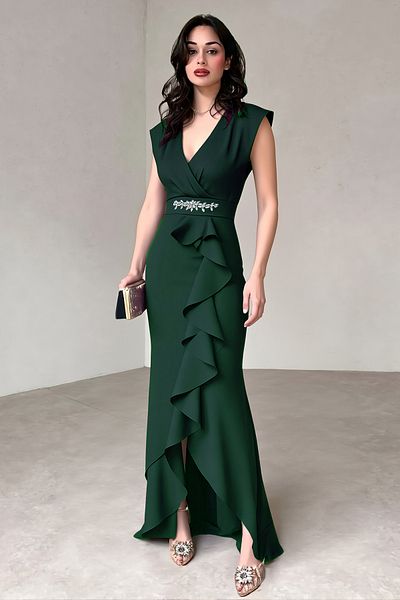 ALFUDO Moda Collection Women's Scuba Crepe Fabric Double Breasted Collar Skirt Flounced Belt T-Shirt Emerald Evening Dress Graduation Wedding Dress
