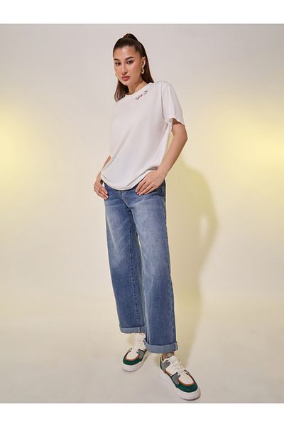 Styli Round Neck Embroidered Detail T-Shirt