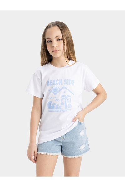 DeFacto Kids White Beachside Printed Short Sleeve T-Shirt
