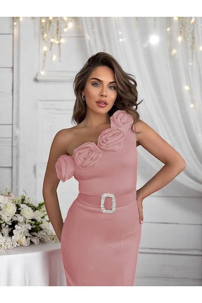 asyadabutik Women's Rose Detailed and Belted Imported Scuba Crepe Fabric Dress