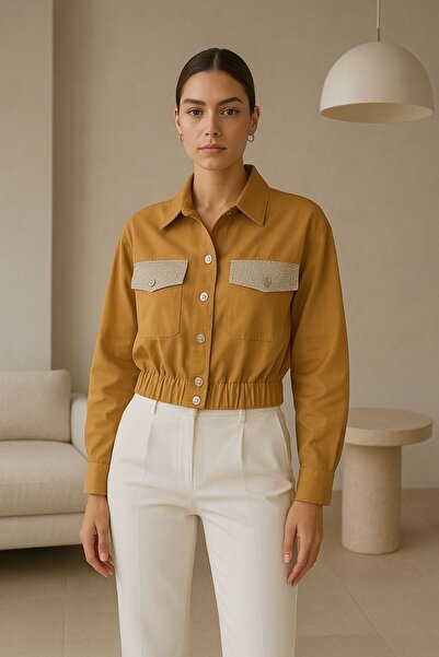 VENTİUP Ventiup Vibe Kadın Hardal Renk Simli Cepli Crop Gömlek