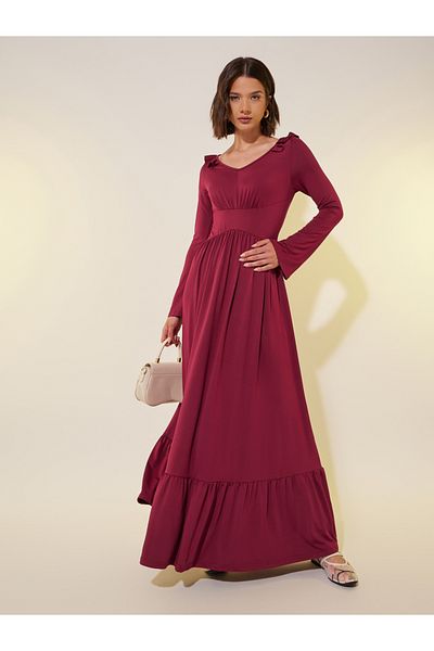 Styli Solid V Neck Ruffle Trim A-Line Maxi Dress