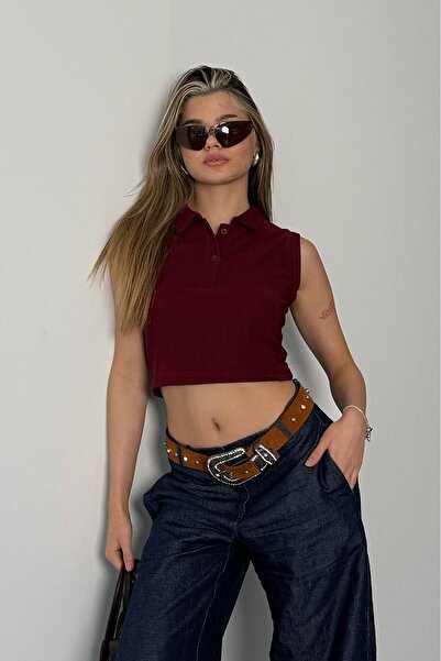 Hisleria Summer Ottoman Fabric Polo Neck Buttoned Burgundy Blouse