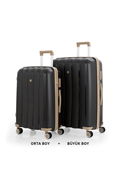 MÇS Bavul Büyük ve Orta 2li Set Kırılmaz Silikon Valiz V305 Siyah/Şampanya