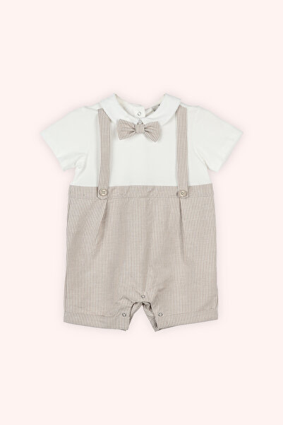 Panço Yenidoğan Papyonlu Çizgi Desenli Bej Tulum