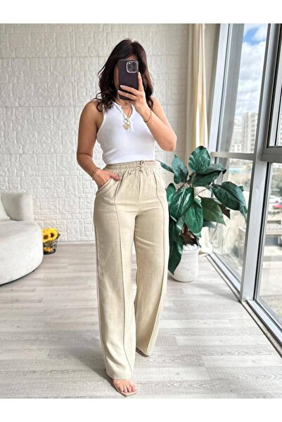 SOSYETE AVM Παντελόνι Palazzo με ψηλόμεσο ύφασμα Kadi Cream λινό Ayrobin