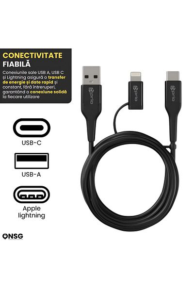 Prio Cable 2in1 Usb A - Usb C & Lightning , 1.2m, Charging 15w, Transfer 480mbps, Black