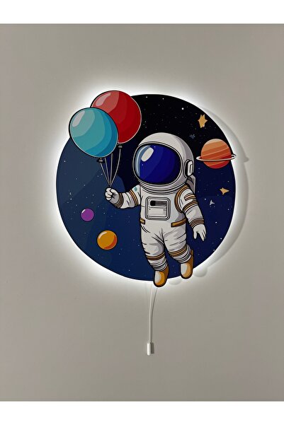 UViolets Dekoratif Ahşap Baskılı Balonlu Astronot ve Uzay Temalı Çocuk Odası Gece Lambası (2'Lİ ÜRÜN)