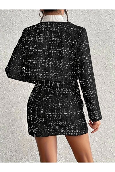 moda wanilia Women's Long Sleeve Front Buttoned Chanel Fabric Jacket and Skirt Set