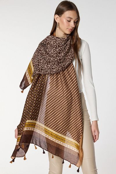 bacc Camel Ethnic Patterned Tassel Shawl Bcnsv-2515083