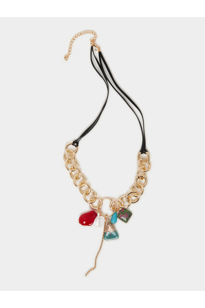 Styli Chain Trim Faux Gemstone Pendant Necklace