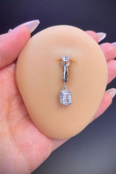 Blisse Piercing Silver Color Baguette Zircon Stone Dangle Holeless Steel Belly Piercing
