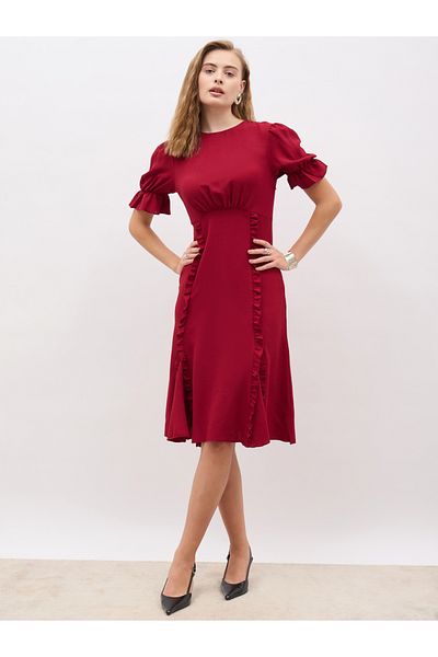 Styli Solid Round Neck A-Line Midi Dress with Ruffled Detail