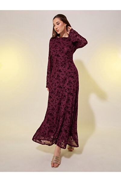 Styli Floral Burnout Jacquard Long Sleeves A-Line Maxi Dress